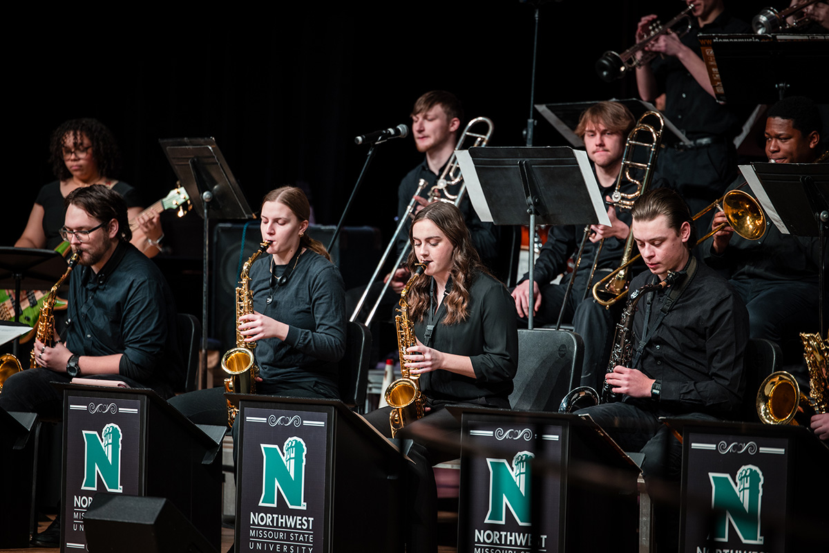 Northwest jazz ensembles, pictured above during a February concert, will perform April 21 in the Charles Johnson Theater. (Photo by Lilly Cook/Northwest Missouri State University)