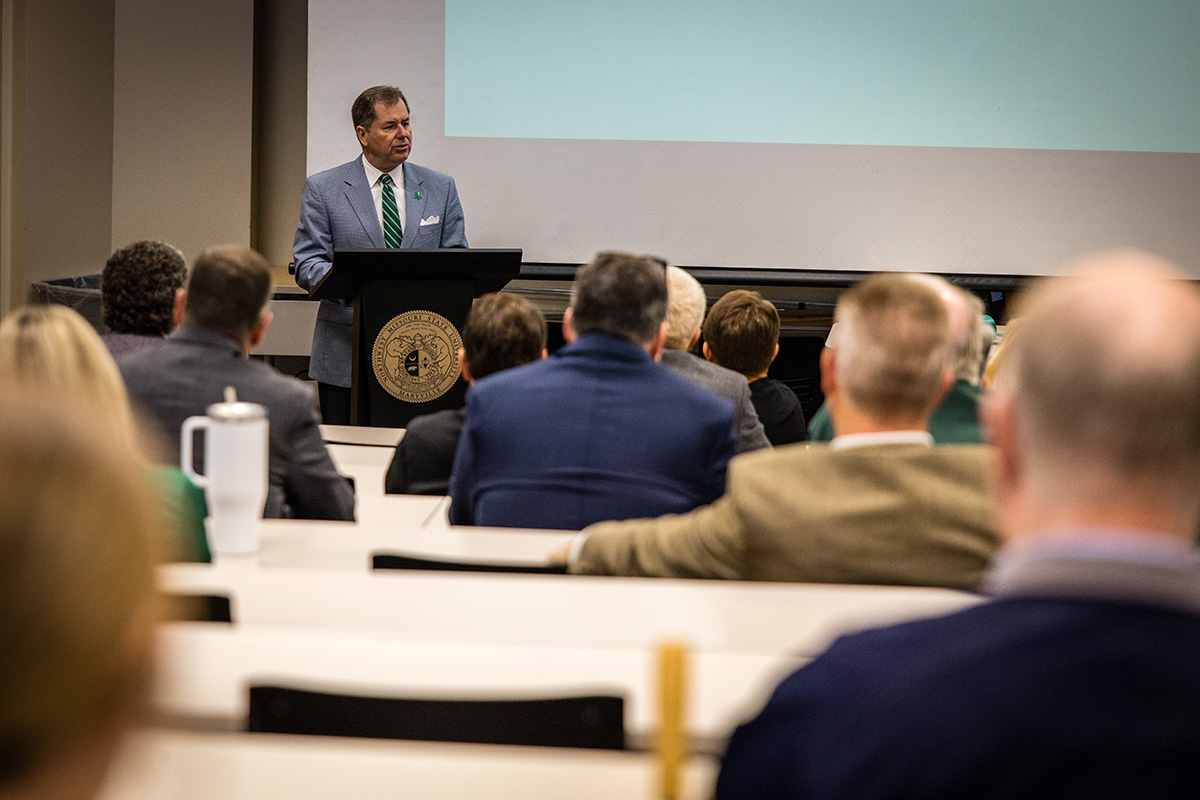 Northwest President Dr. Lance Tatum addressed an audience gathered in Colden Hall for the opening of its Finance Trading Room. The ribbon-cutting ceremony was attended by members of the Northwest Foundation Board of Directors and Northwest Leadership Team as well as students and faculty in the Booth School of Business. (Photo by Lilly Cook/Northwest Missouri State University)