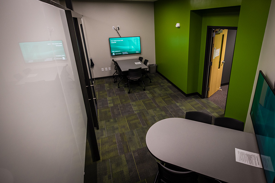 The Finance Trading Room includes collaborative work spaces. (Photo by Lilly Cook/Northwest Missouri State University)