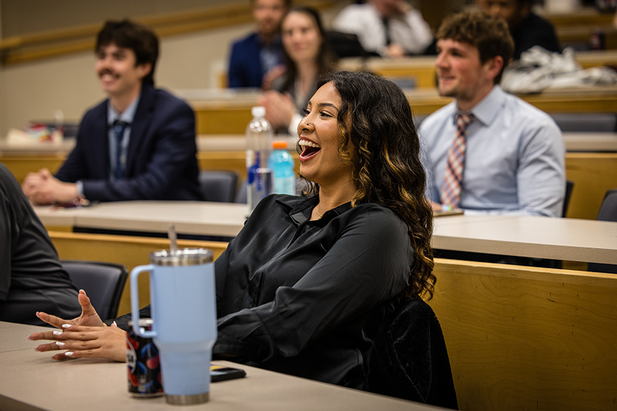 Kate Walker, the project manager for Berry the Bearcat, reacts as the winning team was announced Friday night. (Photo by Lilly Cook/Northwest Missouri State University) 