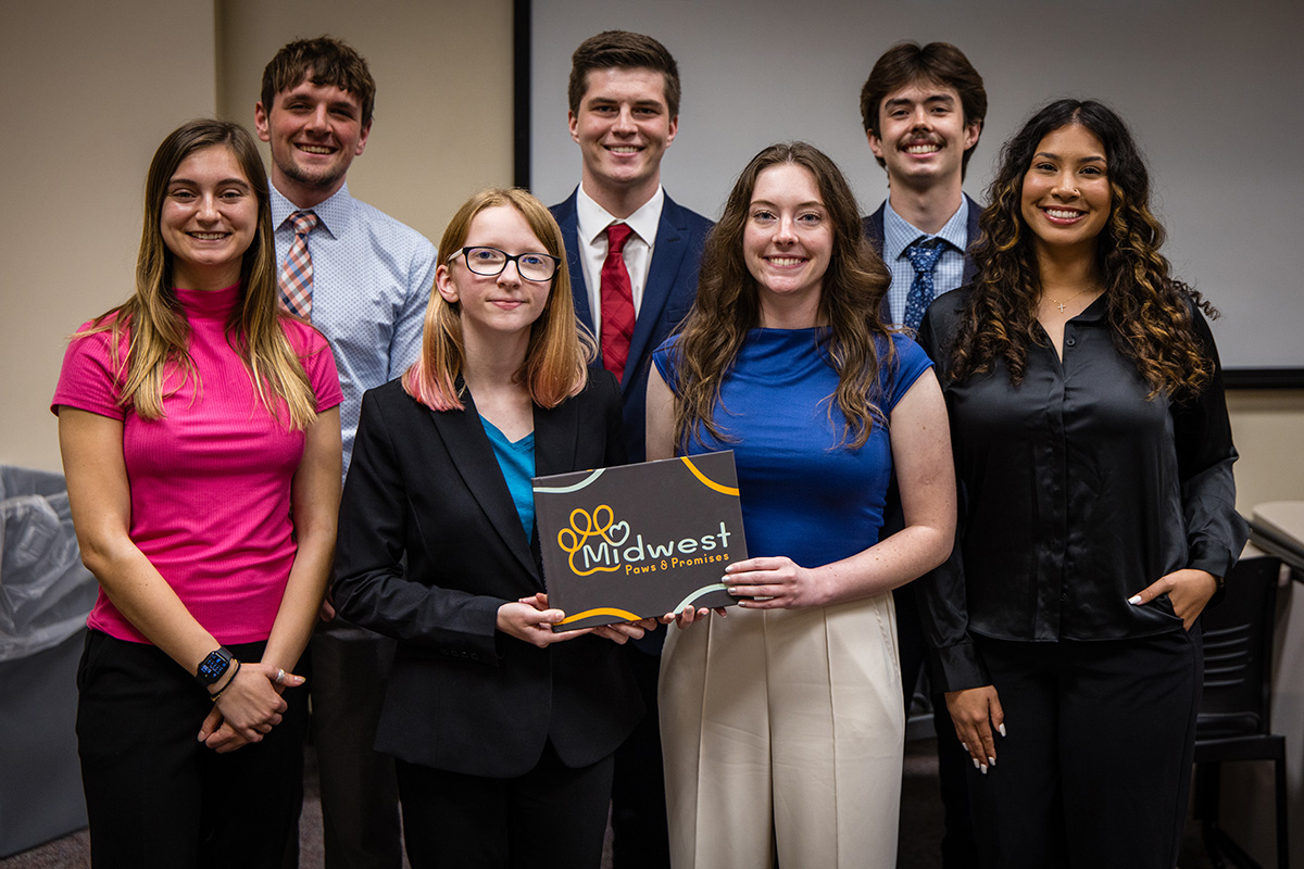 Berry the Bearcat was named the winning team at the conclusion of this spring's Knacktive campaign pitch competition. Pictured left to right in the front row are Shelby Singleton, Syeira Tomory, Anna Ringel and Kate Walker. In the back row are Sawyer Cross, Skyler Stamps and Landon Jones. (Photo by Lilly Cook/Northwest Missouri State University)