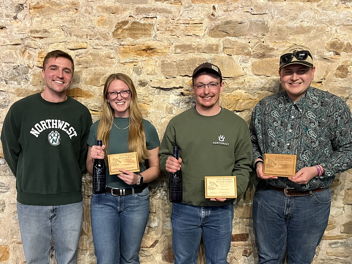 Left to right, Dr. Jake Tuell, Malerie Schutt, Emmet Long and Trent Begemann recently earned grand champion awards 44th Annual Herman Wurstfest sausage competition. (Submitted photo)