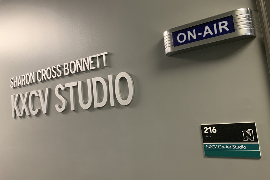 The KXCV studio in Wells Hall now bears the name of Sharon Cross Bonnett, who served as a producer, program director and general manager during a span of 34 years.