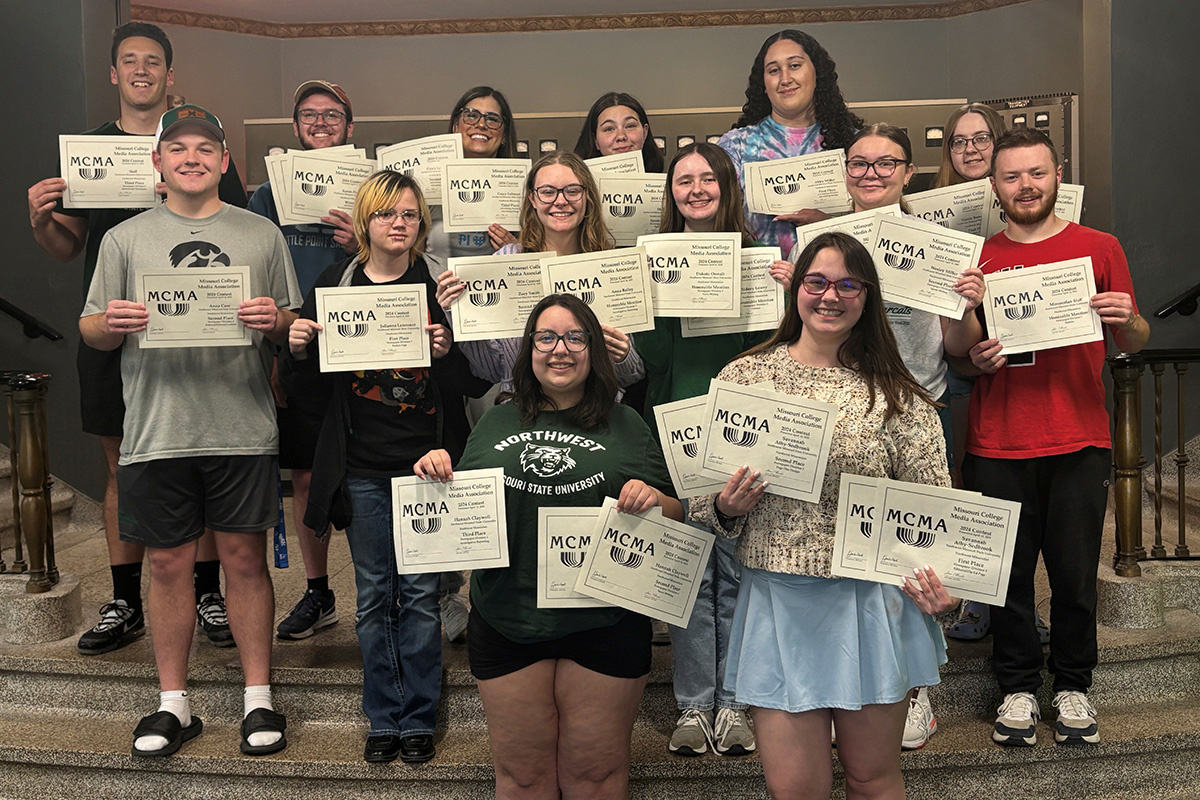 Northwest student media staff members are pictured with their MCMA and MBEA spring awards. (Submitted photo)