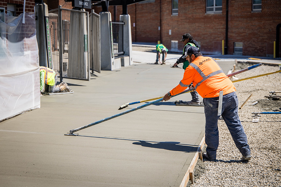 The southeast entrance to Bearcat Stadium is among several campus locations seeing concrete repairs this summer. (Photo by Lilly Cook/Northwest Missouri State University)