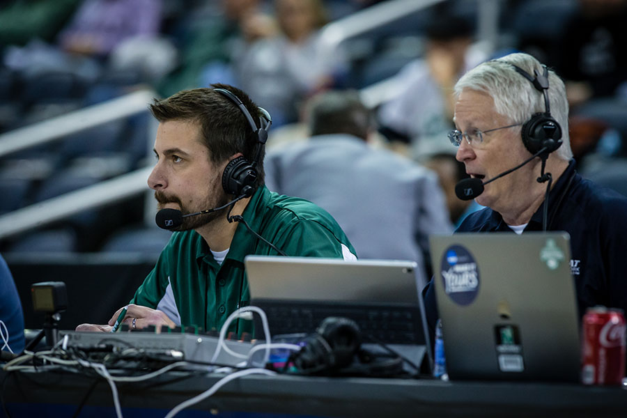 Matt Tritten, left, partners with John Coffey on KXCV-KRNW's Bearcat Radio Network. (Photo by Todd Weddle/Northwest Missouri State University)