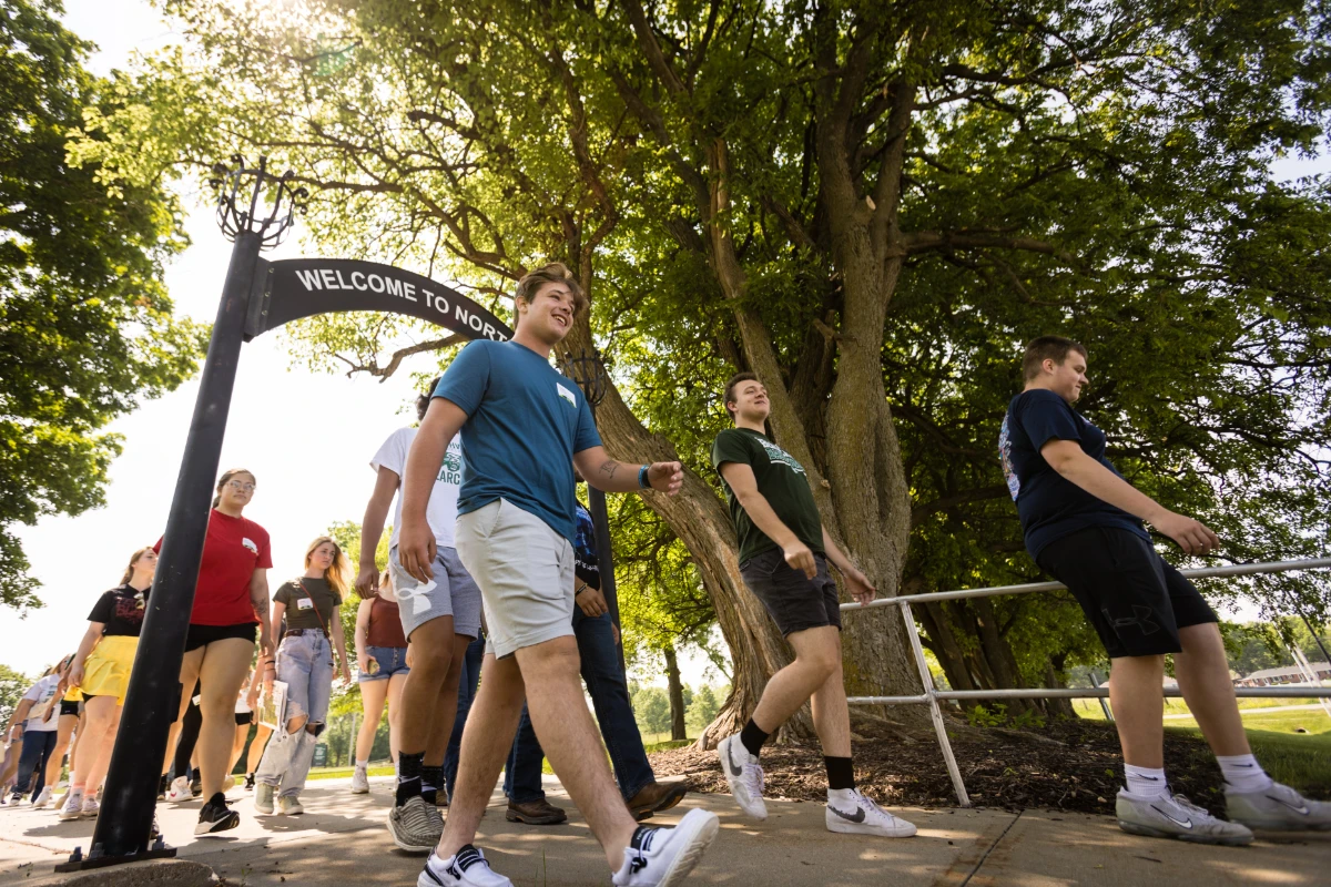 Students walk through the archway to attend the main presentation in the Union Ballroom.