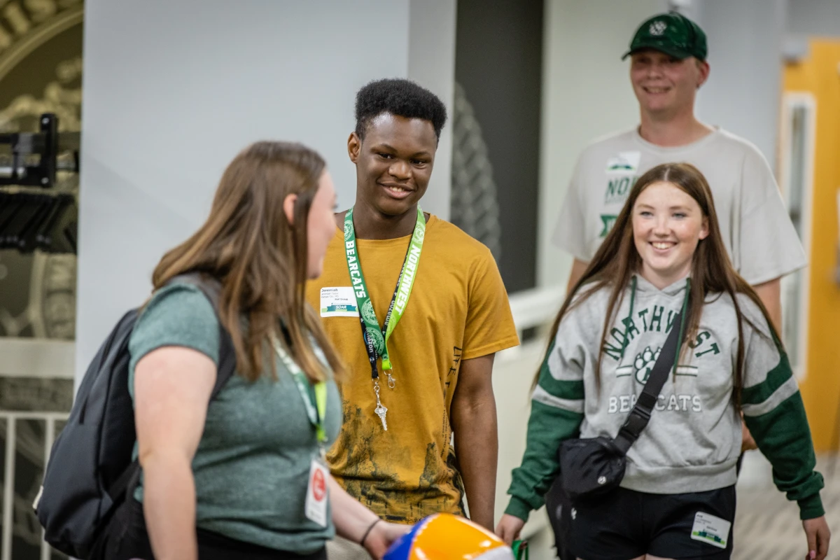 Students walk with their SOAR leader on the third floor of the student union.
